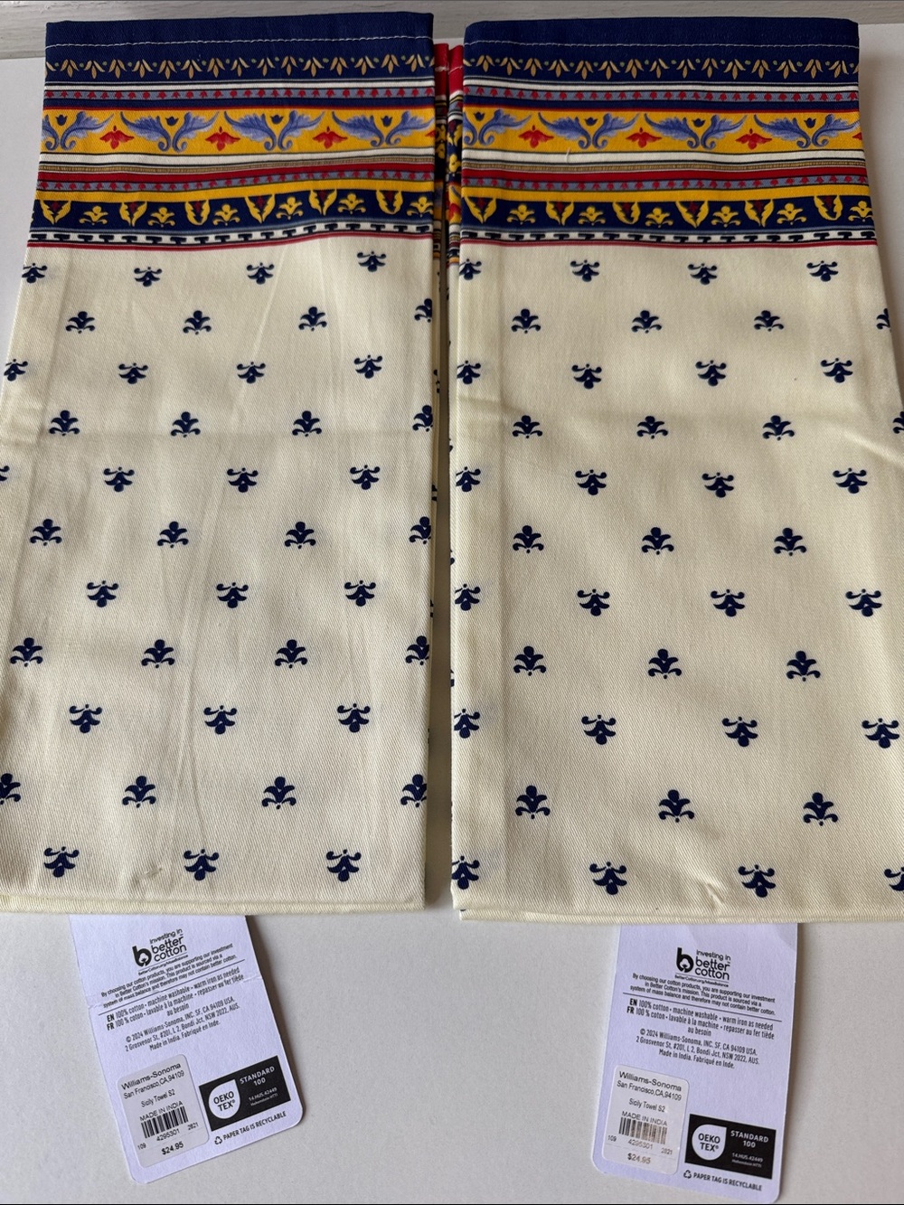 NEW Williams Sonoma Cream and Navy Fleur Kitchen Cotton Set w/Multicolor Border - Picture 4 of 16